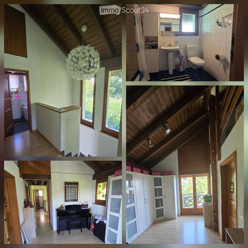 A collage of images showing a house's interior, including a hallway, bathroom, staircase, and living area with a piano and balcony access.