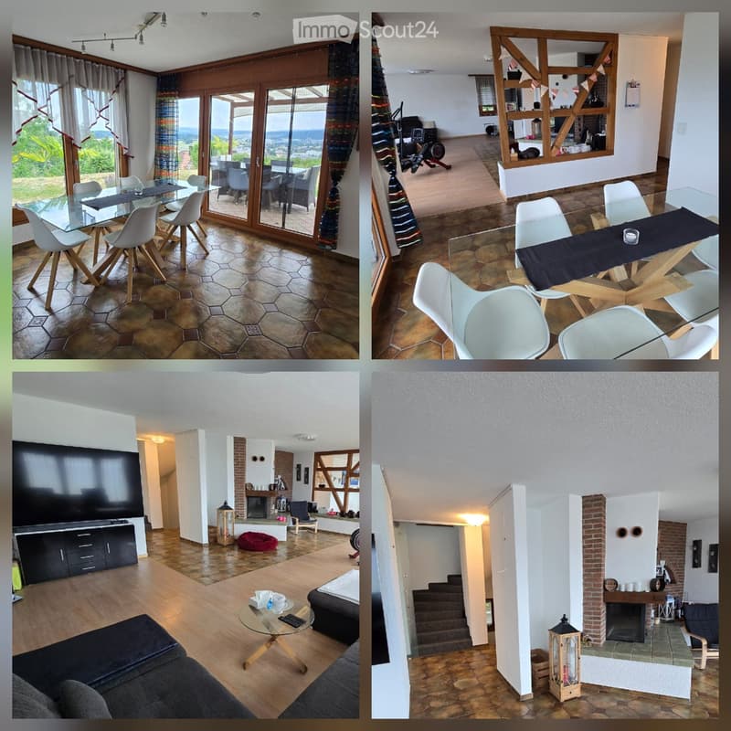 Four images show a modern, well-furnished home with a dining area, living room, and fireplace. The dining area features a glass table and white chairs, while the living room includes a sofa, coffee table, and TV. The fireplace area has a brick surround an
