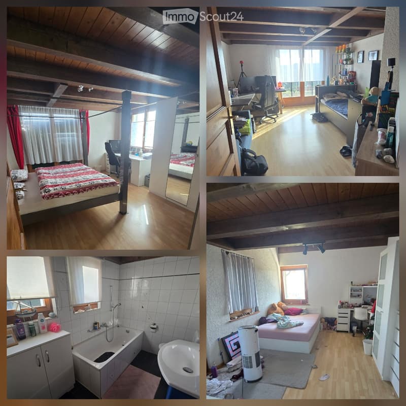 Four images show a furnished room with a bed, chair, desk, mirror, and a bathroom with a sink and bathtub. The room features wooden floors and large windows with curtains.