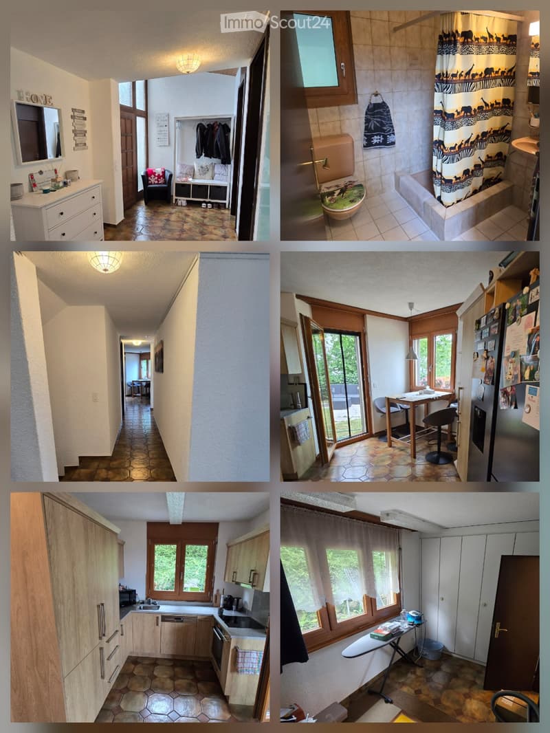 A collage of six images showcasing various rooms in a house: a hallway with a coat rack, a bathroom with a shower curtain, a corridor, a kitchen with a dining area, a bedroom with a large window, and a laundry room with a washing machine.
