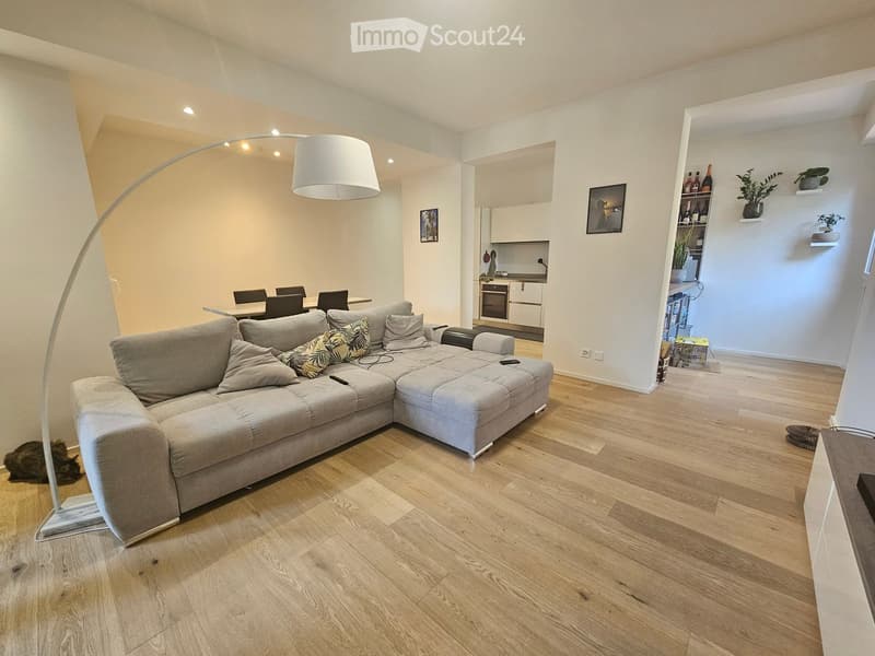Modern living room with a grey sectional sofa, floor lamp, dining area with chairs, and a small kitchen area with cabinets and an oven. Shelves hold bottles and plants, and a framed picture adorns the wall.