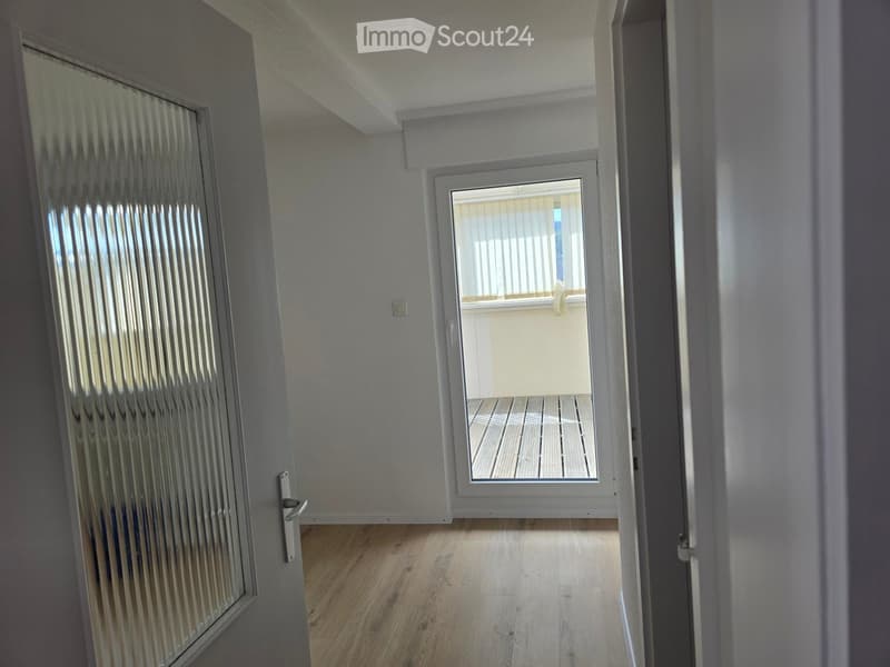 Empty hallway with wooden flooring, white walls, and a frosted glass door leading to a balcony with wooden decking.