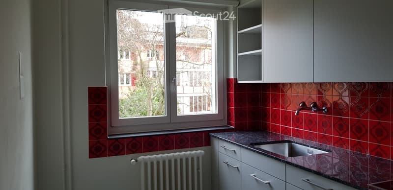 Modern kitchen with red tiled backsplash, white cabinets, stainless steel sink, and a window overlooking a street.