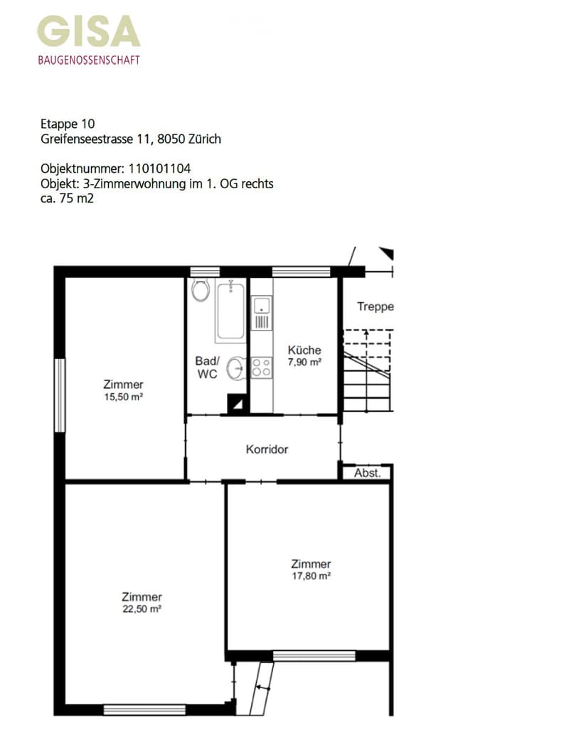 Floor plan of a 3-room apartment on the 1st floor, right side, featuring a kitchen, bathroom/WC, three bedrooms, and a corridor.