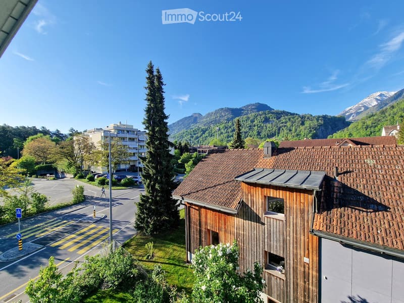 A wooden building with a tiled roof, surrounded by greenery and a road with parked cars. The background features a scenic mountain view.