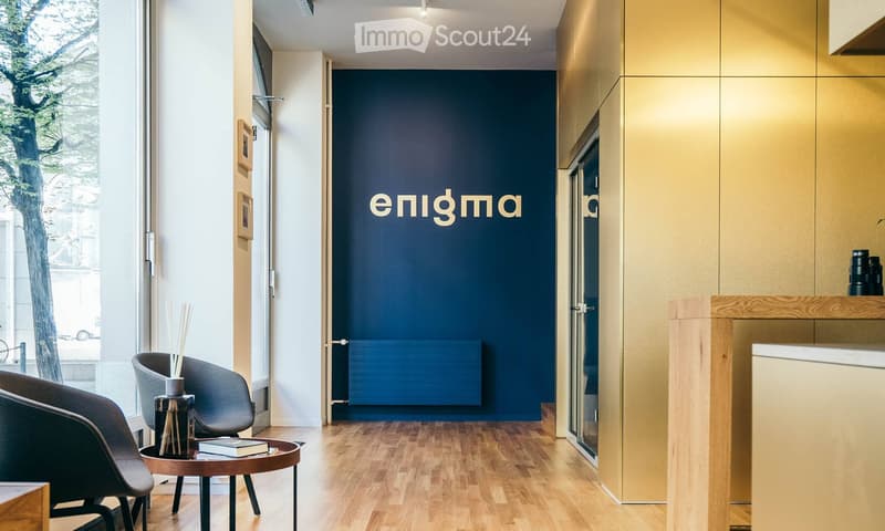 Modern hallway with wooden flooring, dark blue accent wall with 'enigma' text, two contemporary chairs, small round table with a book and vase, and a glass door leading to a view of trees.
