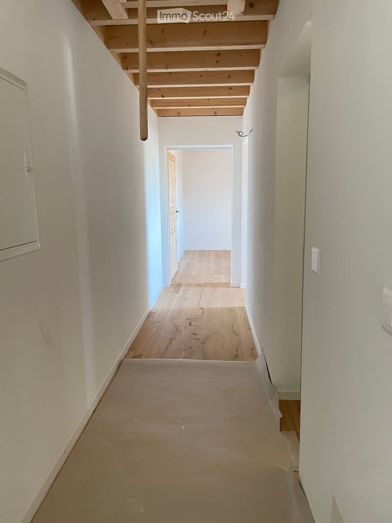 Empty hallway with wooden stairs, white walls, and a carpeted lower level leading to another room.