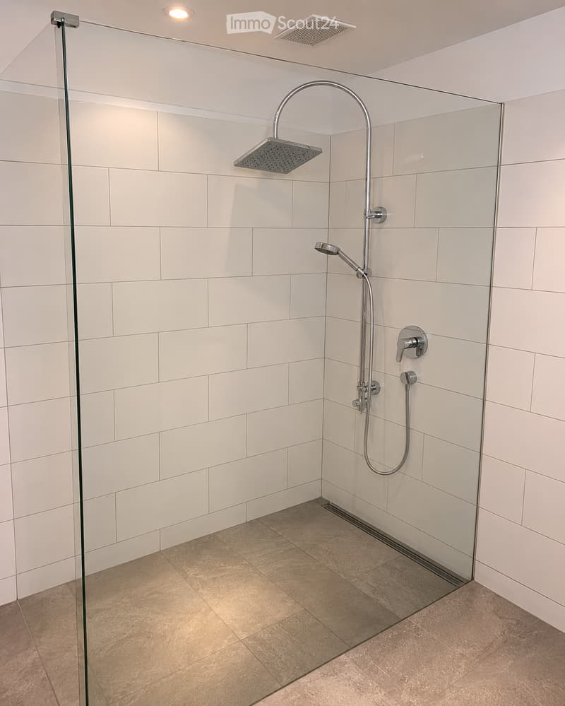 Modern shower area with white tiled walls, glass enclosure, and a rainfall showerhead with handheld sprayer.