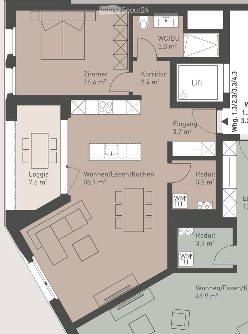 Floor plan of a residential unit with multiple rooms including living/dining/kitchen area, bedroom, WC/DU, loggia, entrance, and two small rooms labeled as 'Reduit'.