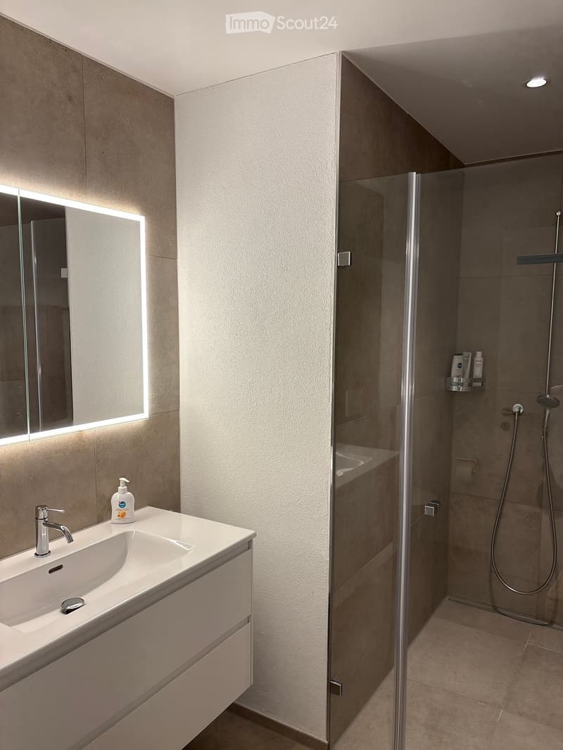 Modern bathroom with a white sink, chrome faucet, illuminated mirror, and a glass-enclosed shower with a built-in shelf holding toiletries.