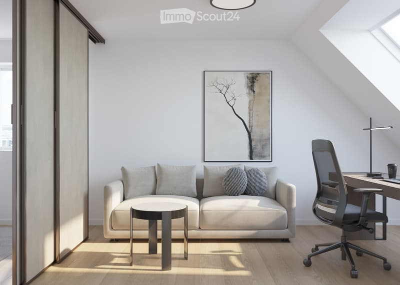 Modern living room with a light-colored sofa, coffee table, office chair, desk, and a painting on the wall.