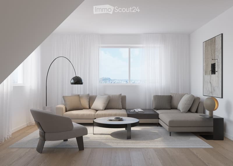 Modern living room with a sectional sofa, coffee table, armchair, floor lamp, table lamp, and artwork on the wall. Large windows with sheer curtains provide natural light.