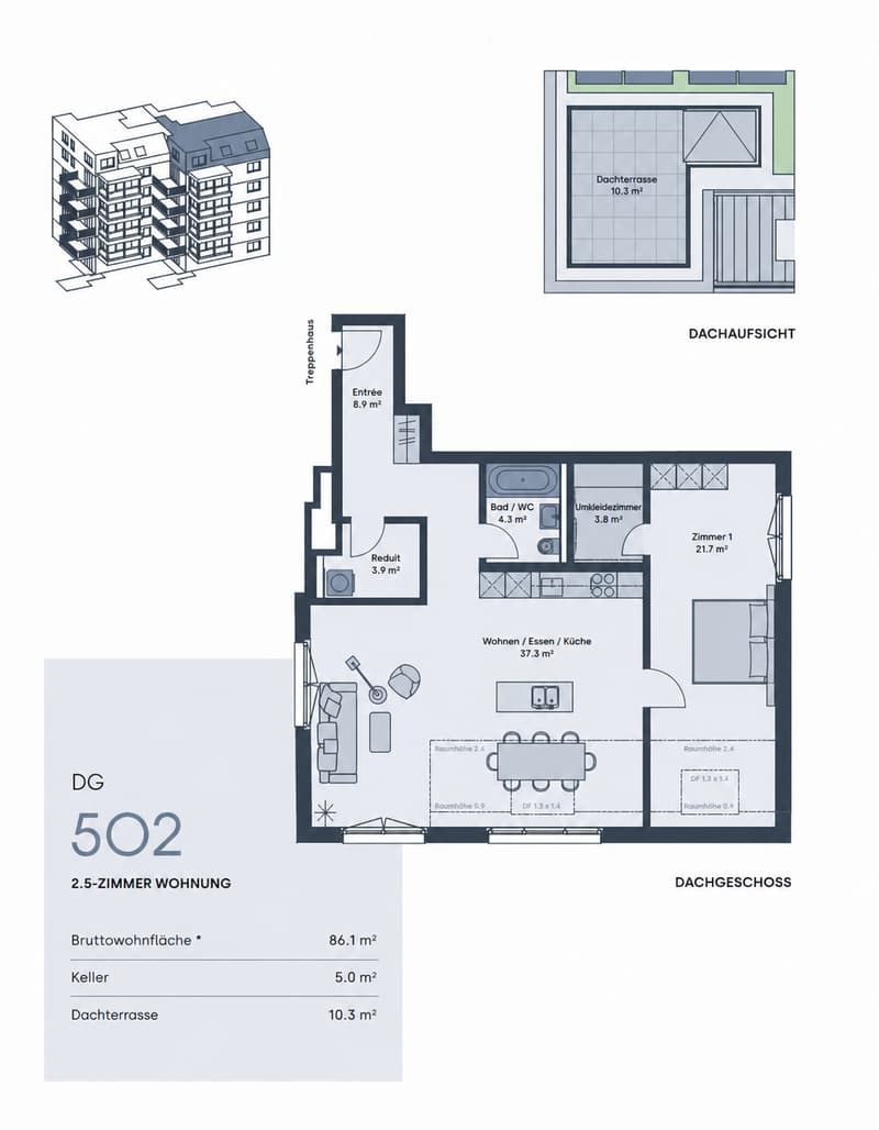 Floor plan of a 2.5-room apartment with a living/dining/kitchen area, bedroom, bathroom, and a rooftop terrace.