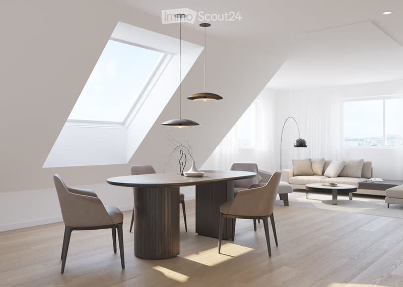 Modern living and dining area with a sleek sofa, coffee table, ottoman, round dining table, chairs, and decorative vase. The space features large windows and skylights, with warm wood flooring and contemporary lighting.
