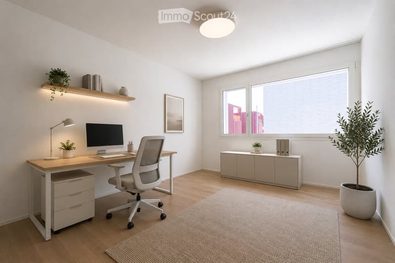 Modern, well-lit home office with a wooden desk, ergonomic chair, computer setup, and built-in storage cabinet. Features large windows, a potted plant, and decorative elements.