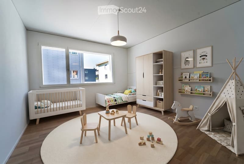 Bright, modern children's bedroom with a crib, single bed, wardrobe, small table with chairs, rocking horse, teepee tent, and shelves with books and toys.