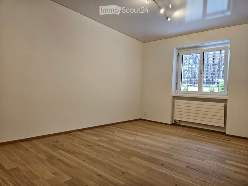 Empty room with wooden flooring, white walls, and a large window with a radiator below it.