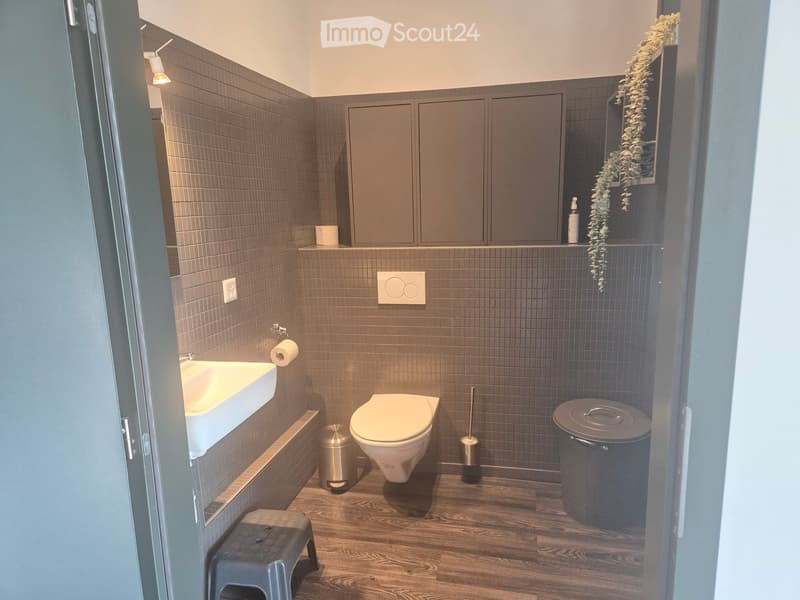 Modern bathroom with grey tiled walls, wooden floor, sink, toilet, and built-in cabinets.