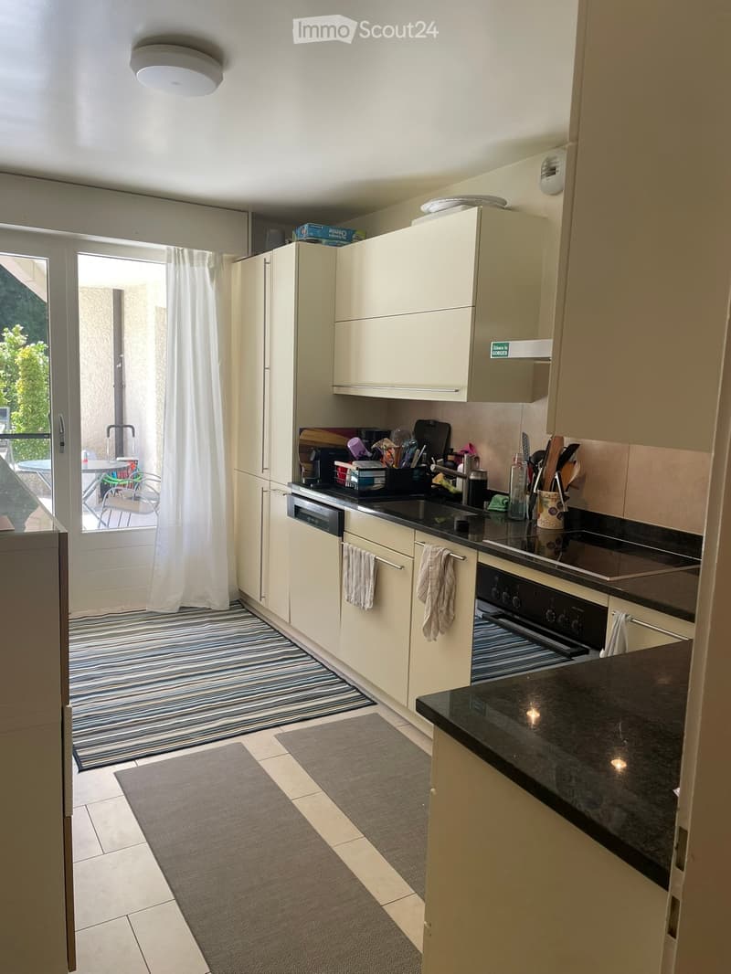 Modern kitchen with white cabinets, black countertops, and stainless steel appliances. Features an oven, dishwasher, and sink, with a small rug and towels visible.
