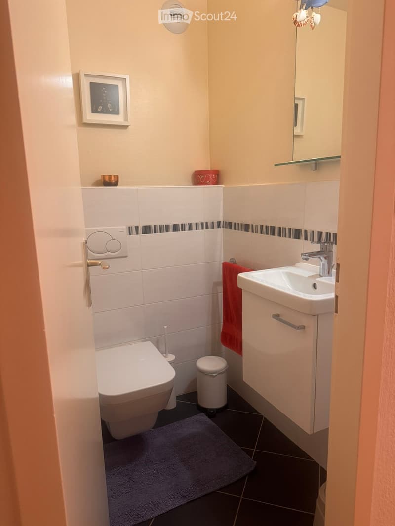 Modern bathroom with white tiles, a toilet, a sink with a modern faucet, a mirror, a cabinet, a red towel, a trash can, and a blue bath mat.