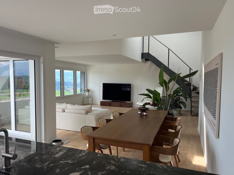 Modern living room with a large window, white sofa, wooden dining table, chairs, television, and decorative plants.