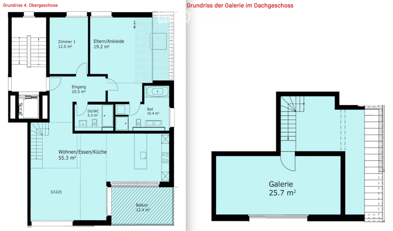 Floor plan of the upper floor and gallery in the attic floor, showing rooms including living/dining/kitchen area, bedroom, bathroom, and balcony.
