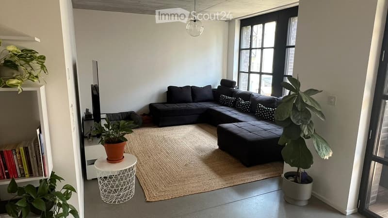 Modern living room with a dark sectional sofa, a small round white table with a potted plant, a bookshelf with books and a TV, and large windows letting in natural light.