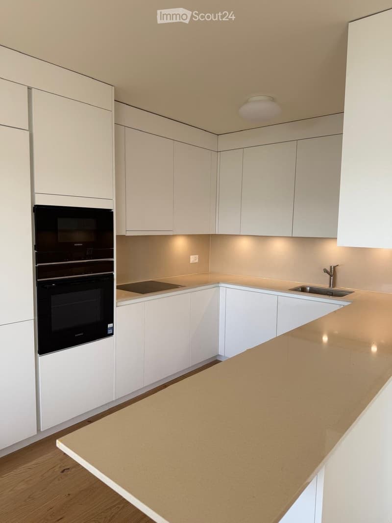 Modern kitchen with white cabinets, light wood flooring, and a built-in oven. Features a sleek countertop and a stainless steel sink with a modern faucet.