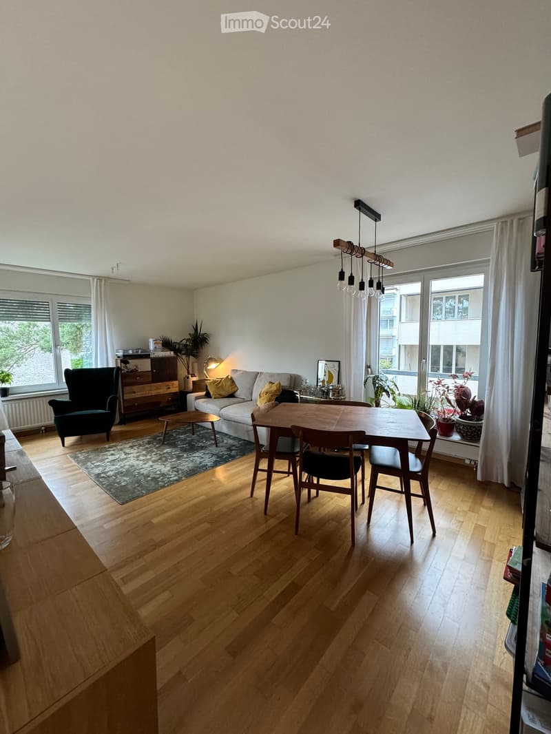 Bright living and dining area with wooden flooring, large windows, a sofa, a dining table with chairs, a pendant light, and decorative plants.
