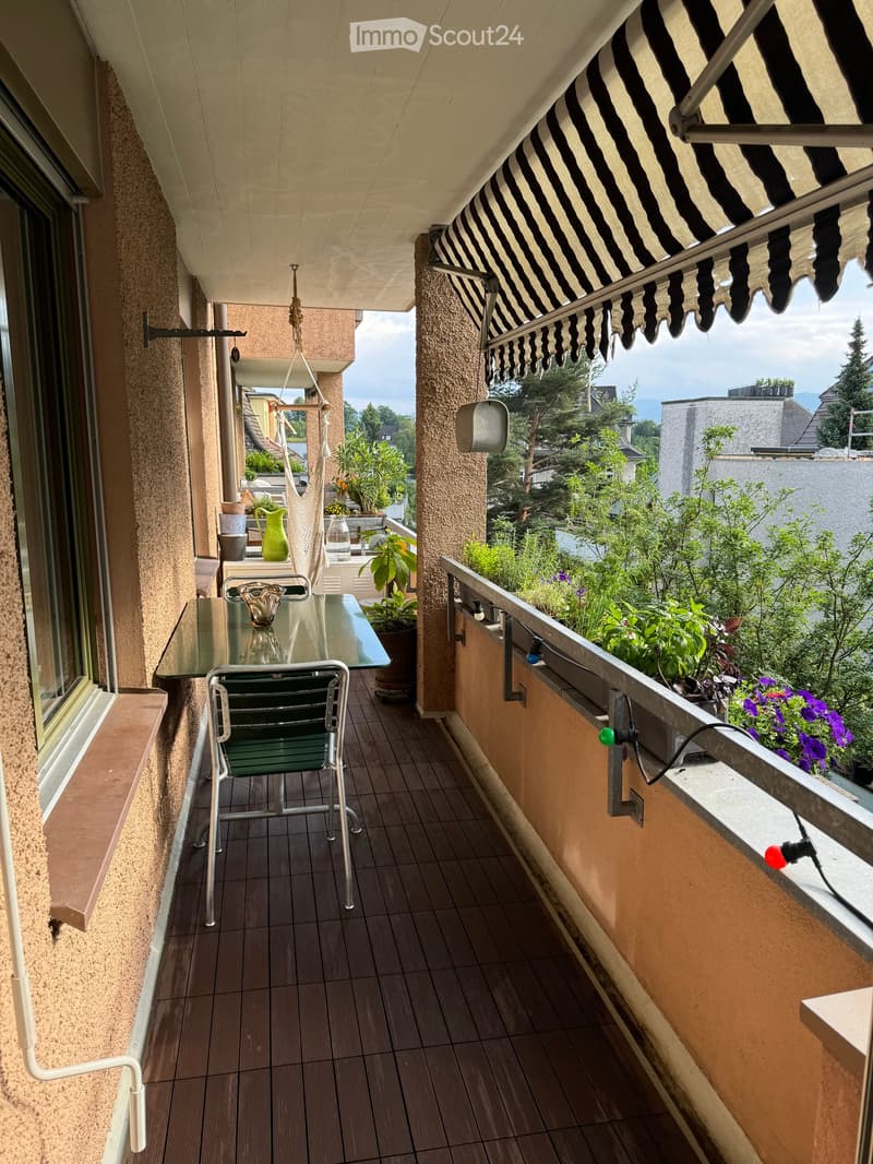 Balcony with wooden decking, glass table, green chair, vase, and potted plants, overlooking a scenic view.