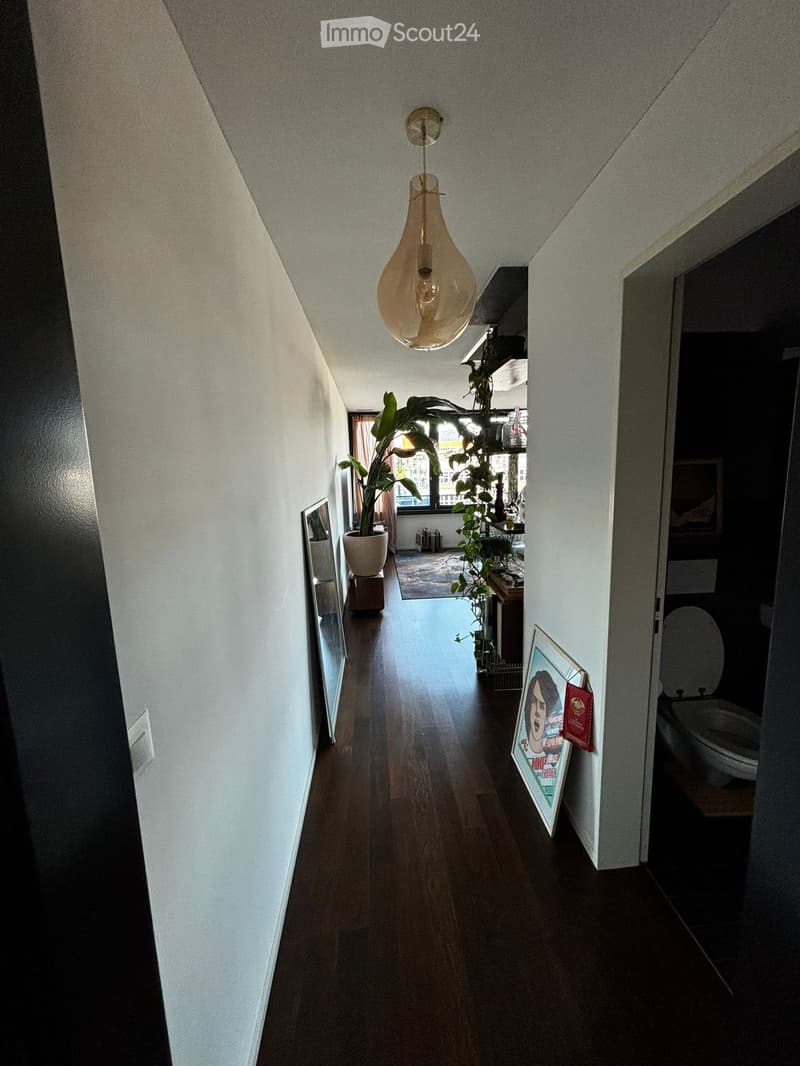 A narrow hallway with wooden flooring, white walls, and a hanging light fixture. Visible rooms include a bathroom with a toilet and a living area with plants and artwork.