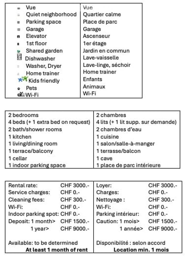 Floor plan of a rental property with2 bedrooms, 4 beds, 2 bathrooms, living/dining room, kitchen, terrace/balcony, indoor parking, and features like a view, quiet neighborhood, parking space, garage, elevator, shared garden, dishwasher, washer/dryer, home
