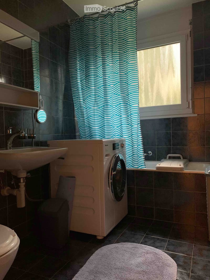 Bathroom with a sink, toilet, washing machine, bathtub, and shower curtain. Features dark tiled walls and a window letting in natural light.