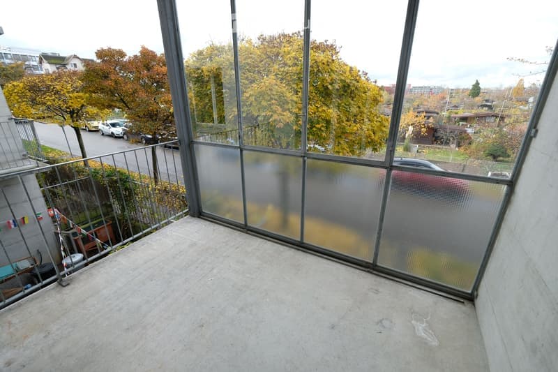 Spacious balcony with large glass panels offering a view of the street and surrounding trees. Metal railing and concrete floor.