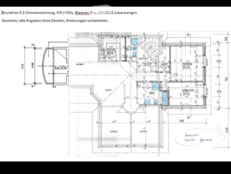 Floor plan of a 5.5-room apartment on the upper ground floor, featuring a kitchen, living area, dining area, two bedrooms, a bathroom, and a balcony.