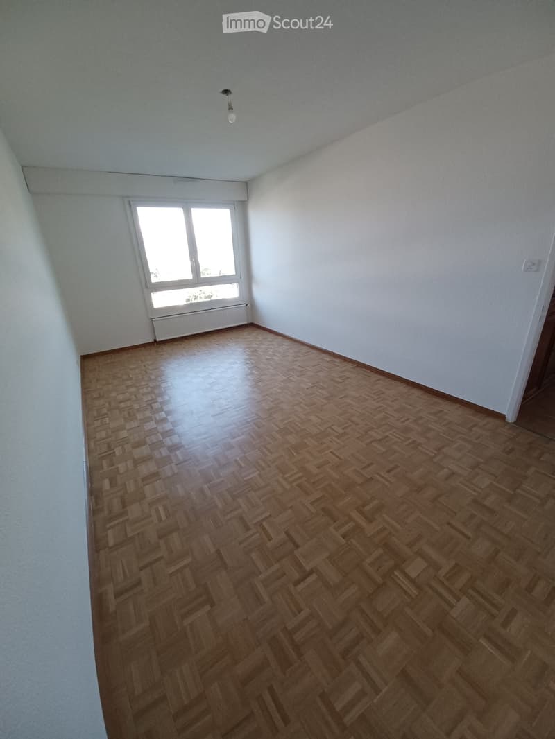 Empty room with wooden herringbone flooring, white walls, and a single window with a radiator below it.