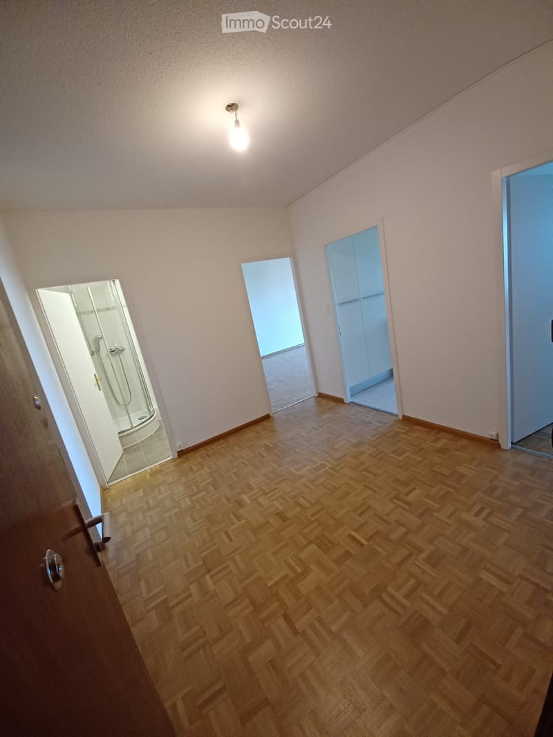 Empty hallway with wooden herringbone flooring, white walls, and several open doors leading to other rooms.