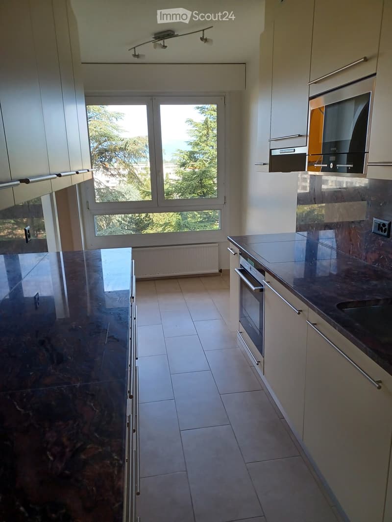 Modern kitchen with white cabinets, dark countertops, and a large window overlooking greenery. Features an oven, microwave, and sleek cabinetry.