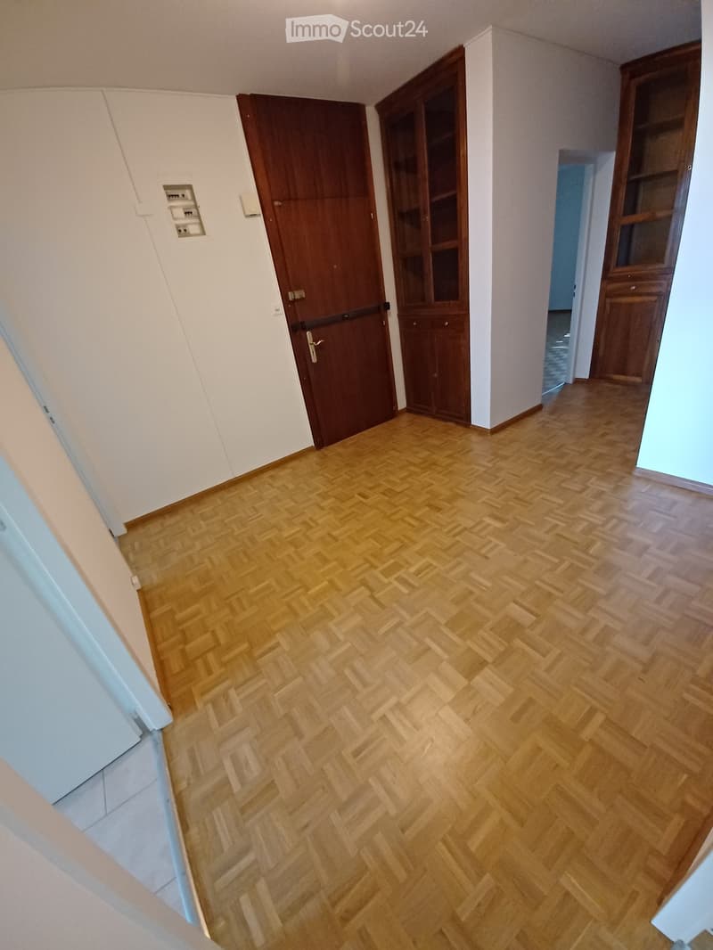 Empty hallway with wooden herringbone flooring, white walls, and several wooden doors leading to other rooms.