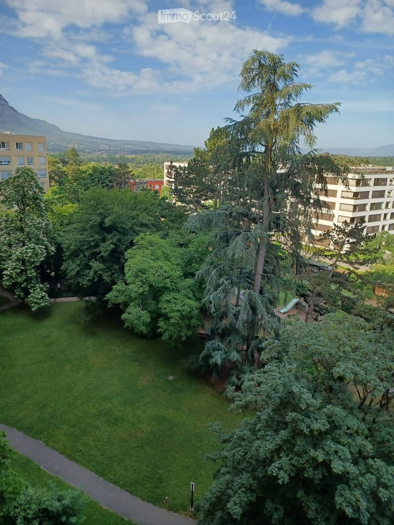 A lush green garden area with trees, grass, and a pathway, surrounded by residential buildings and a scenic mountain view in the background.