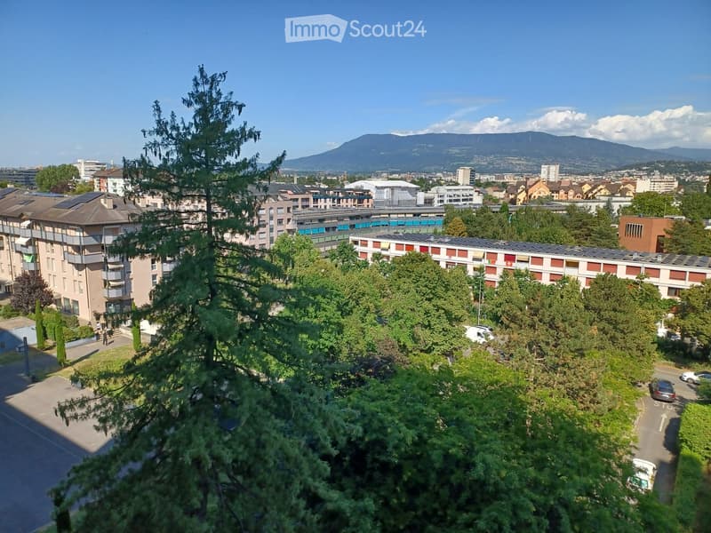 Aerial view of a residential area with multiple apartment buildings, surrounded by trees and greenery, with a mountain range visible in the background.
