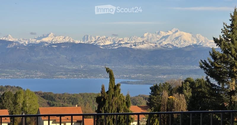 Panoramic view of snow-capped mountains and a lake from a balcony, with surrounding trees and houses visible.