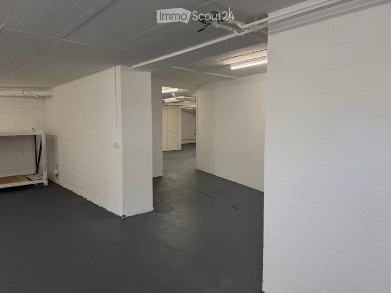 Empty room with white brick walls, dark grey concrete floor, and exposed pipes and lighting fixtures on the ceiling. Minimal furnishings include a small metal shelving unit against one wall.
