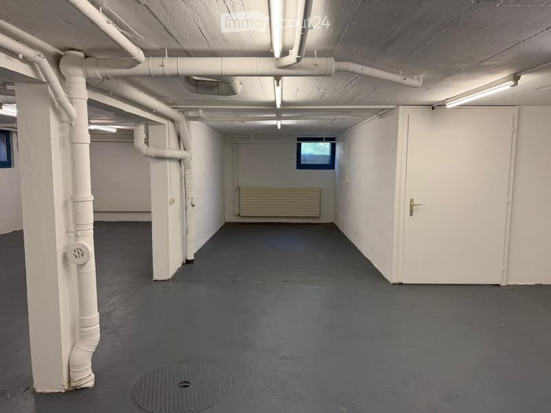 Empty basement corridor with concrete floor, white walls, exposed pipes, and a single door leading to another room.