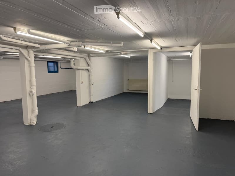 Empty basement space with concrete floor, white walls, exposed pipes, and a small window. No furniture or equipment present.