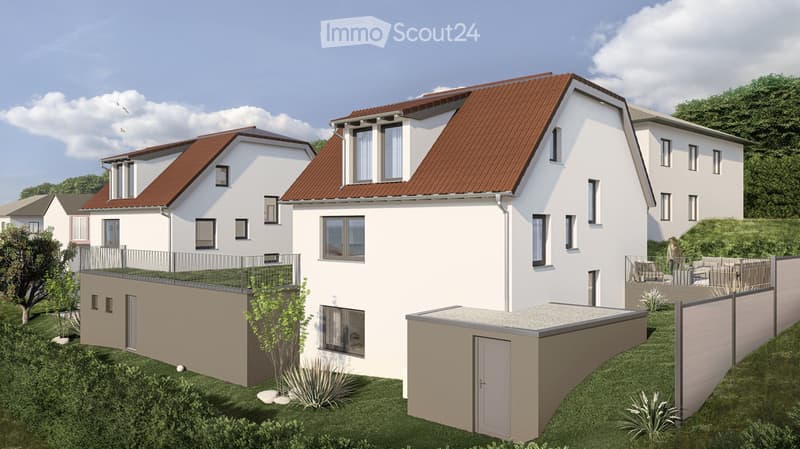 3 story house, white walls, brown roof, balcony, garden, garage