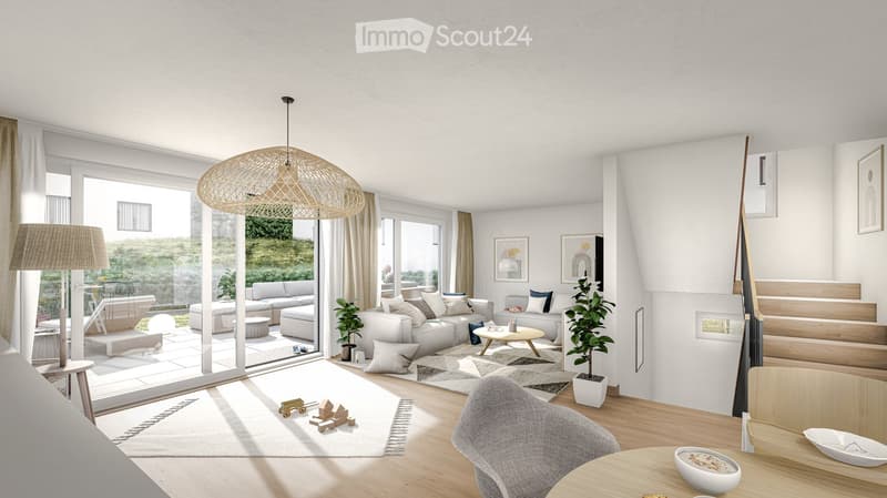 modern design, white walls, wooden floor, large windows, sliding glass doors, balcony, sofa, coffee table, plants, decorative items