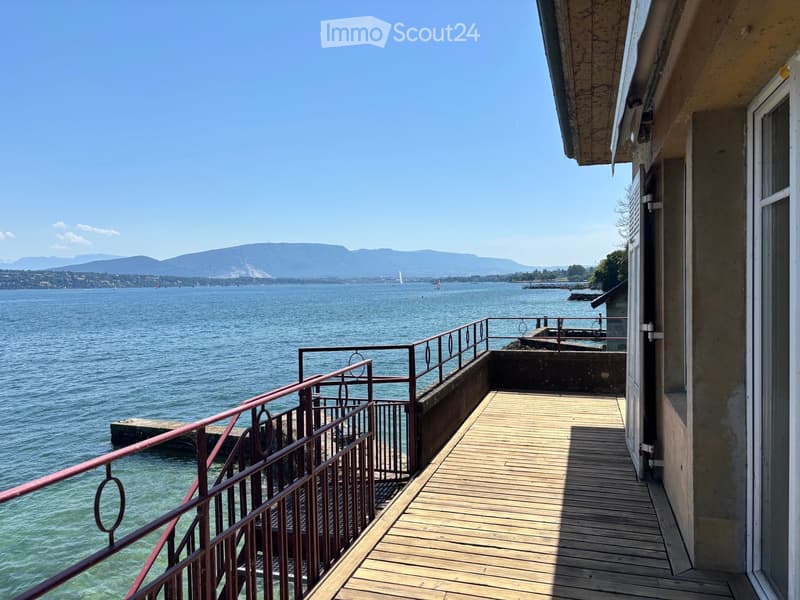 Wooden deck with metal railing overlooking a body of water, with distant mountains and a clear blue sky.