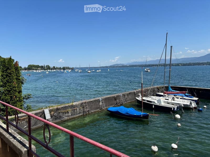 A serene lakeside scene with several sailboats and motorboats docked in calm water, surrounded by a clear blue sky and distant mountains.