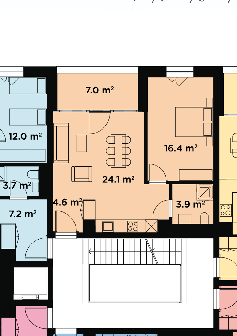 Floor plan showing a living room (24.1 m²), kitchen (7.0 m²), bedroom (16.4 m²), and bathrooms (12.0 m², 7.2 m², 3.7 m², 4.6 m², 3.9 m²).
